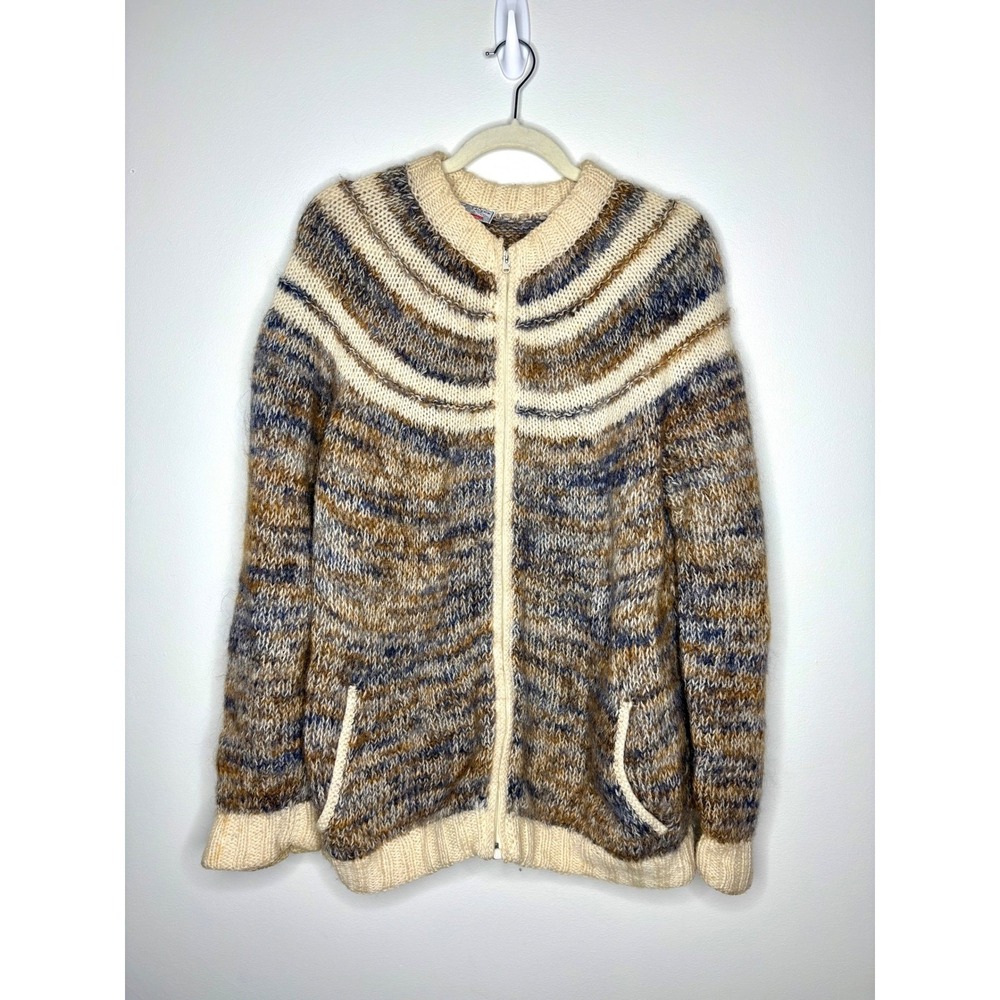 AVOCA HANDWEAVERS Wool‎ Knit Full Zip Sweater Cardigan Gray Tan Ireland XL